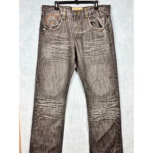 Indigo Thirty Mens Embroidered Straight Leg Jeans Dark Wash Gray 36x34
